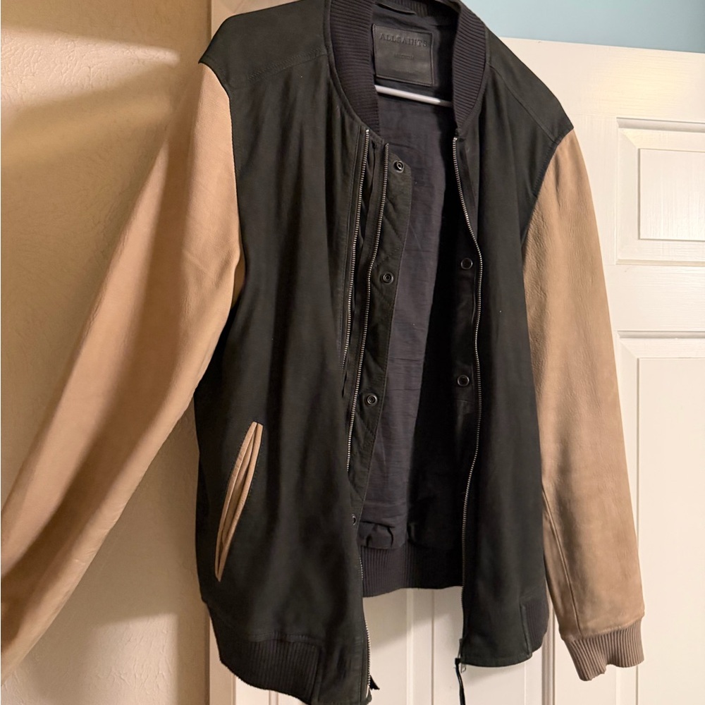 All Saints Black and Tan Bomber Jacket